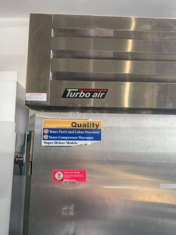 Turbo Air PRO-50F commercial freezer, prime condition, 115V. Visible warranty label: 3 years parts/labor, 5 years compressor.