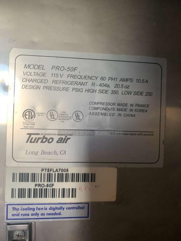 Turbo Air PRO-50F commercial freezer label showing model, voltage, refrigerant info, and manufacturing details. Prime condition.