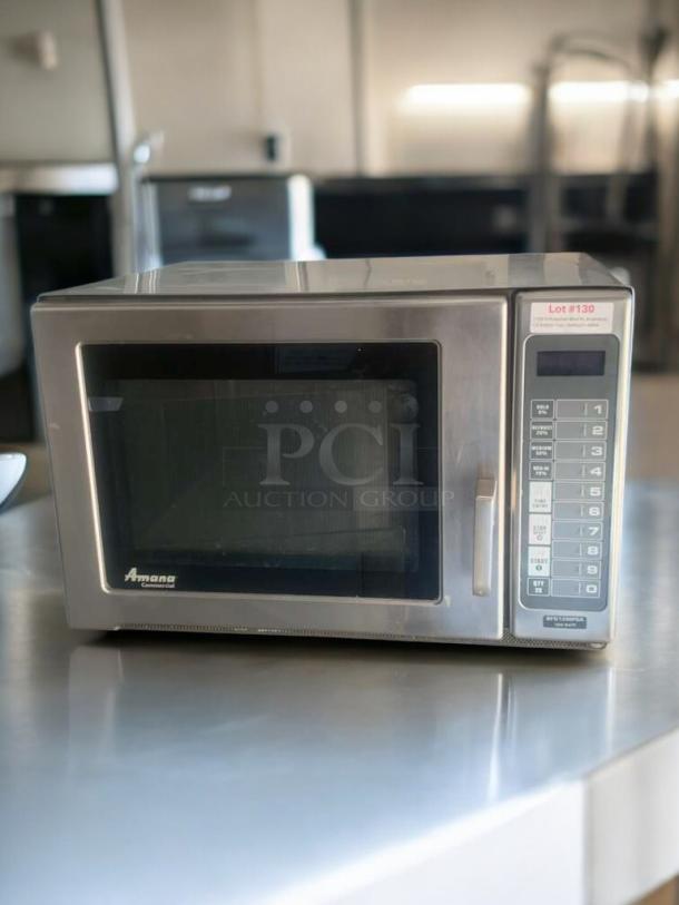 Amana RFS12MPSA commercial microwave, stainless steel, fully tested, prime condition, 120V, keypad with label.