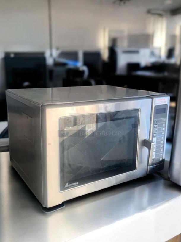 Amana RFS12MPSA commercial microwave oven, stainless steel, 120V, excellent condition, fully tested, control panel visible.