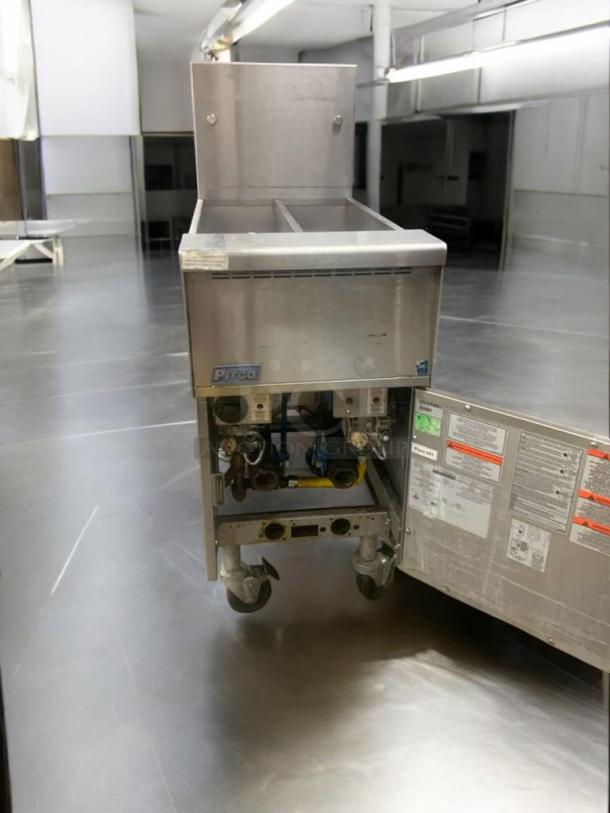 "Pitco SG14T natural gas deep fryer, prime condition, open panel showing components, stainless steel finish, fully tested."