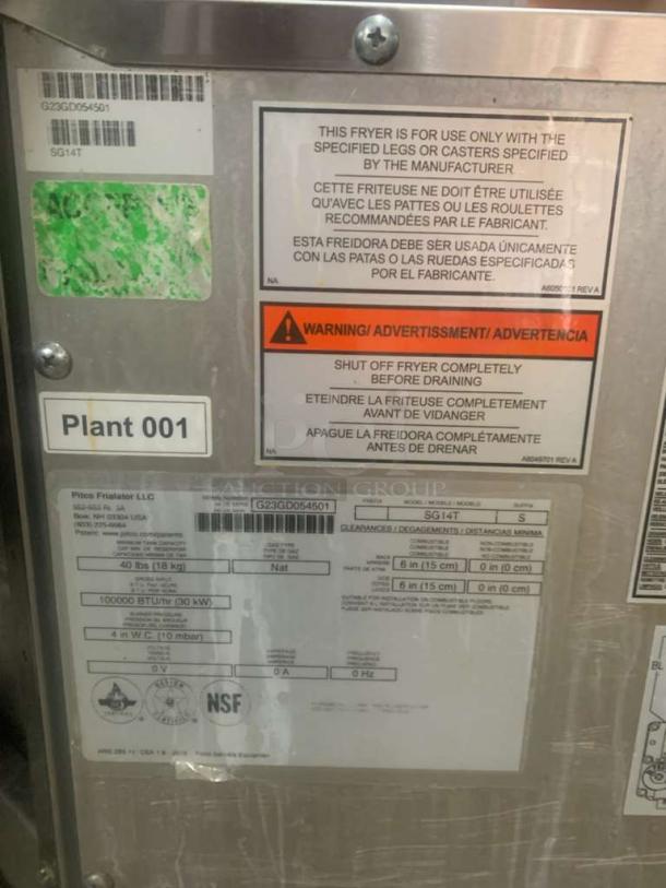 Pitco SG14T natural gas deep fryer, prime condition, fully tested. Manufacturer labels show model, BTU, and safety instructions.