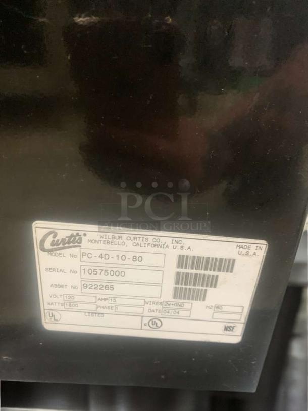Pristine Curtis PC-4D-10-80 Cappuccino Machine, 120V, fully tested, Wilbur Curtis Co., model label visible, NSF certified.