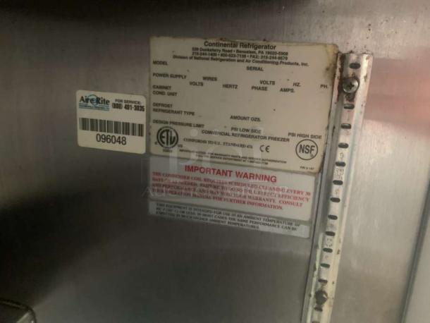 Continental Refrigerator label on undercounter/prep table indicating model, electrical specs, and NSF certification. Fully tested and working.