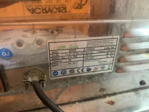 CitroCasa 8000SB commercial citrus juicer label, showing model, voltage, power, and certification markings.