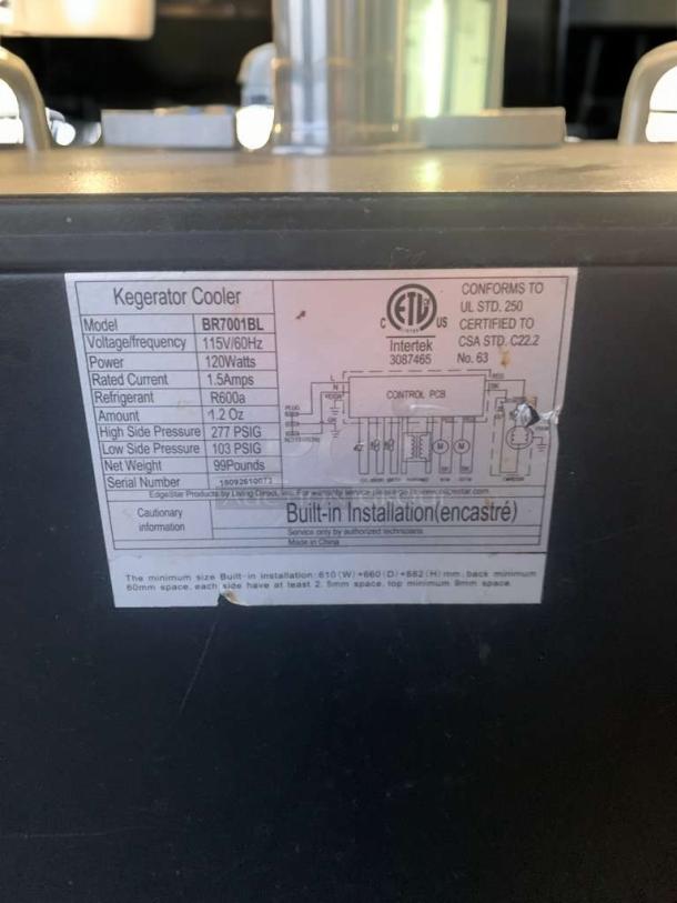 EdgeStar BR7001BL kegerator cooler label, 115V, 120W, pristine condition, built-in installation info, fully tested and working.