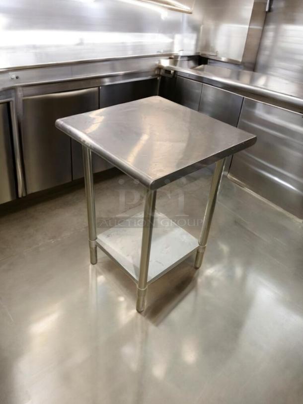 24" stainless steel prep table, commercial grade, flawless condition, heavy-duty, two-tier.