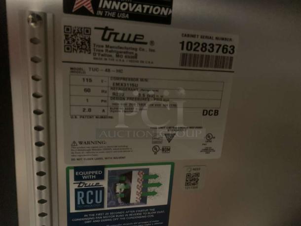 TRUE TUC-48-HC undercounter refrigerator label, model details, 115V, R290 refrigerant, serial number 10283763, commercial-grade.