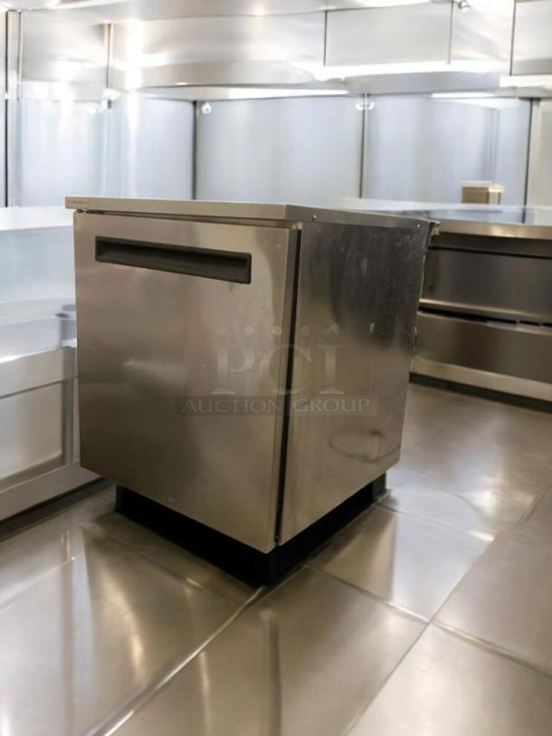Delfield undercounter refrigerator, single door, stainless steel, exceptional condition, commercial grade, 115V, fully tested.