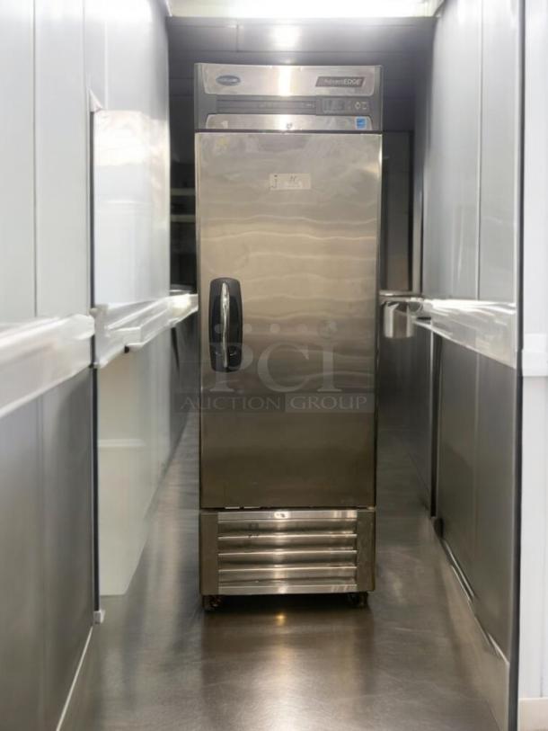 Kelvinator/Hobart F23-S single door reach-in freezer, stainless steel, 115V, excellent condition, fully tested, commercial grade.
