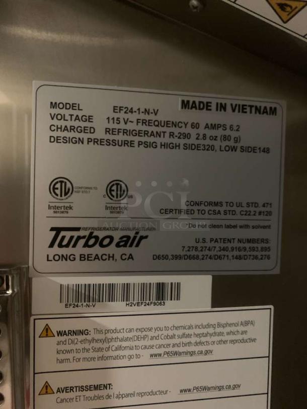 Turbo Air EF24-1-N-V reach-in freezer, 115V, commercial grade, fully tested. Tag: ETL certified, R-290 refrigerant. Made in Vietnam.