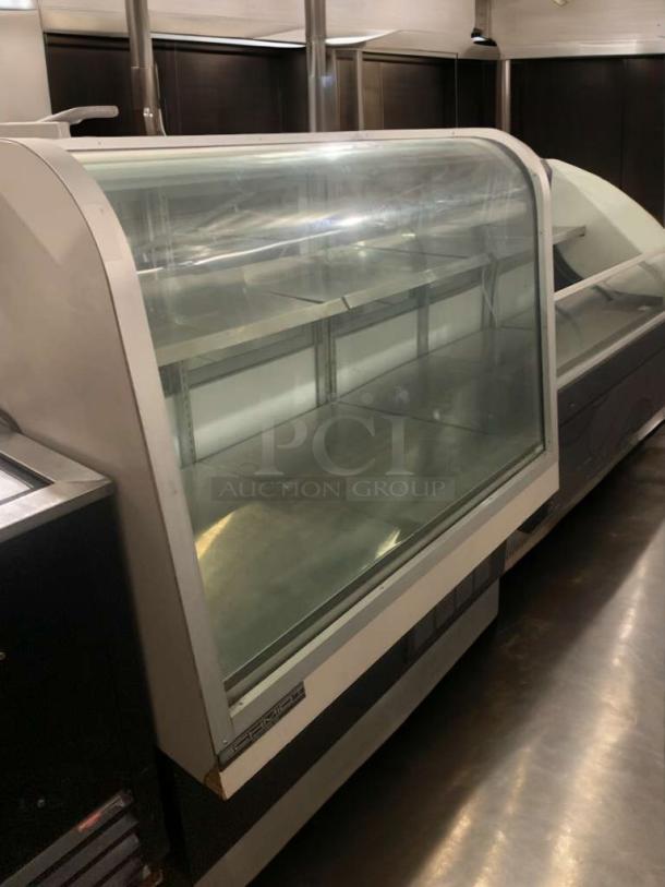 Schmidt curved glass refrigerated display case, 115V, impressive condition, fully tested and working, ideal for bakery/deli.