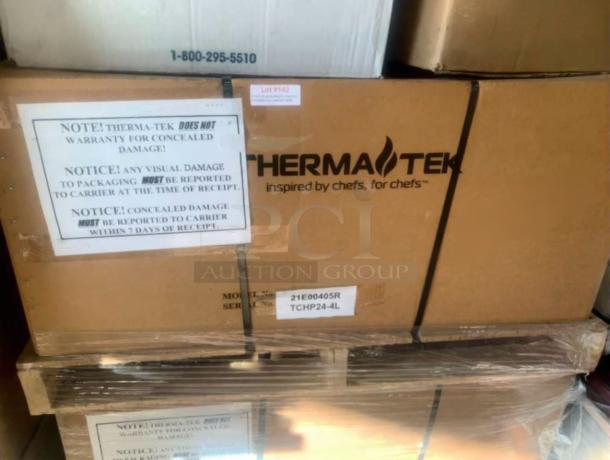 Brand New Therma-Tek TCHP24-4L 24" Gas Hotplate, factory sealed, visible labeling and caution notices on packaging.