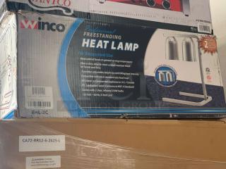 Brand new Winco EHL-2C freestanding heat lamp, 120V. Features adjustable heat, easy-clean finish, ETL certified.