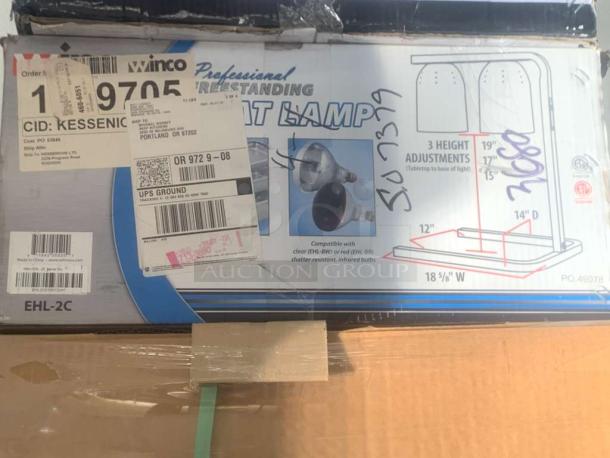 Brand new Winco EHL-2C freestanding heat lamp in box. Features 3 height adjustments, compatible with clear or red bulbs. 120V.