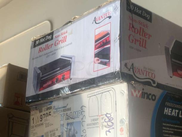 Brand new Avantco 30-Hot-Dog Roller Grill, factory sealed; model features non-stick rollers, 120V, stainless steel.