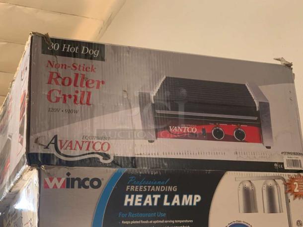 Brand new Avantco 30 Hot Dog Roller Grill, non-stick, 120V, 910W, factory sealed. Box shows grill image and brand label.