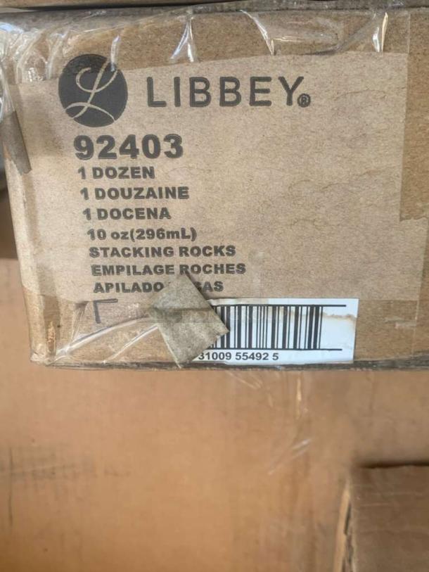 Brand new Libbey 92403 10 oz stacking rocks glasses, 1 dozen, factory sealed. Box shows model and barcode.