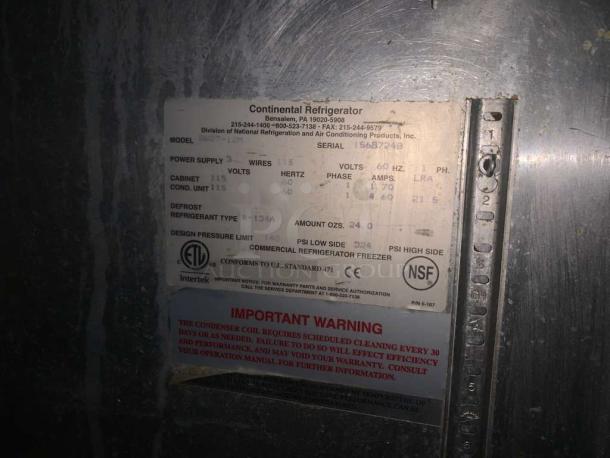 Label on Continental Refrigerator SW27N-U-DW1, 115V, detailing specs and safety information; NSF certified.