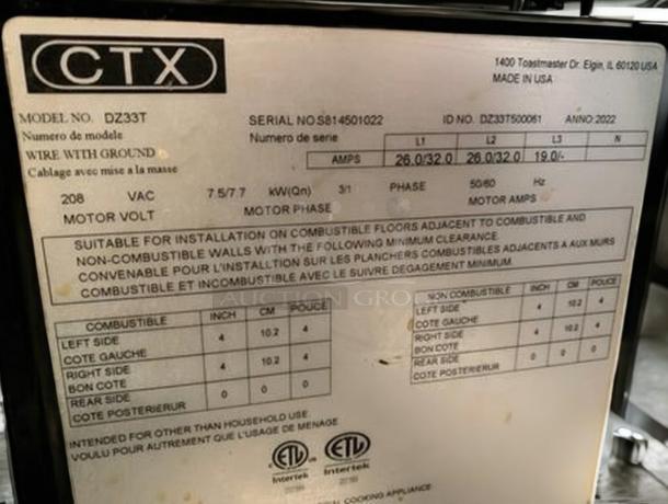 Middleby Marshall CTX DZ33T conveyor oven label, showing model, serial number, voltage, and installation guidelines.