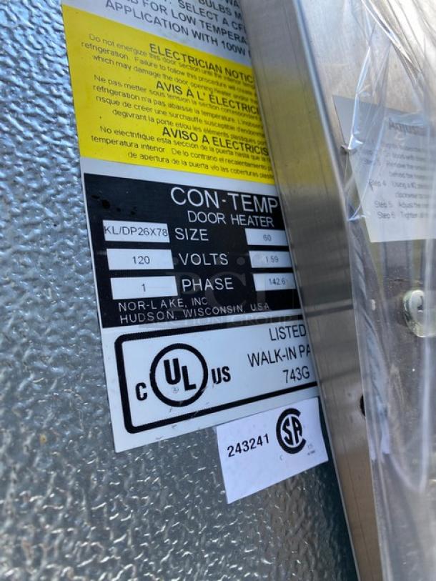 Norlake 6' x 6' walk-in cooler, Model CPB075DC-A, with floor and self-contained compressor; needs hookup; serial 11081455.