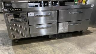Stainless steel Continental refrigerated work/prep table, 4 drawers, serial 16249154, 115V 1 Phase, on commercial casters.
