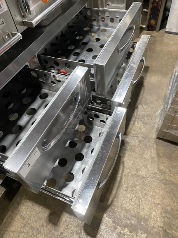 Woodstone refrigerated prep table with four stainless steel drawers, model WSGPL3636CT01NG, serial 16249154, on casters.