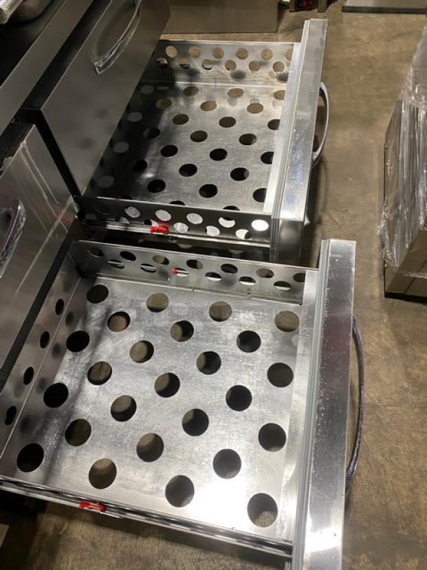 Woodstone refrigerated prep table with 4 stainless steel drawers, model WSGPL3636CT01NG, serial 16249154, on casters.