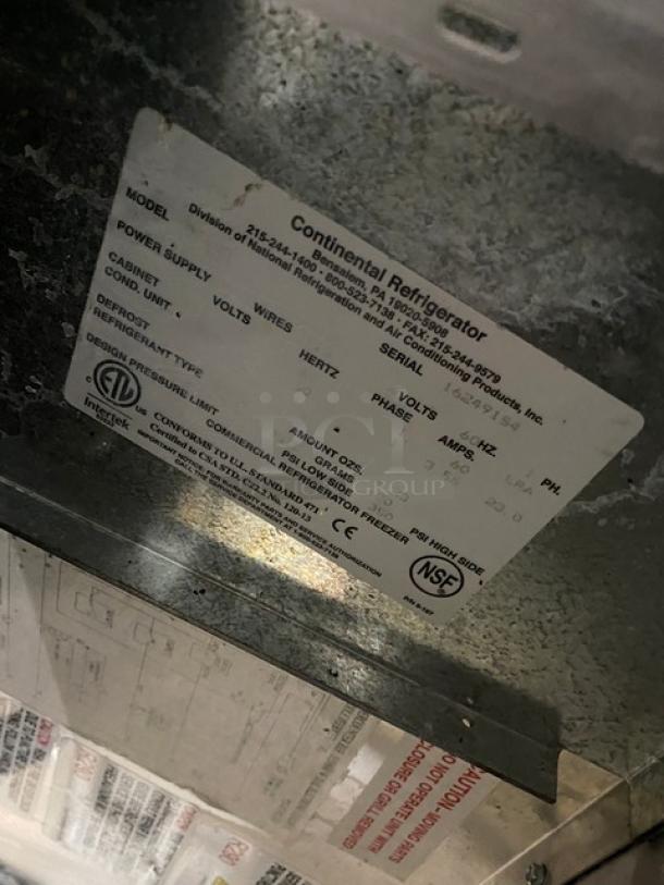 Label on Continental Refrigerated Work/Prep Table, Serial 16249154, showing specifications and safety certifications.