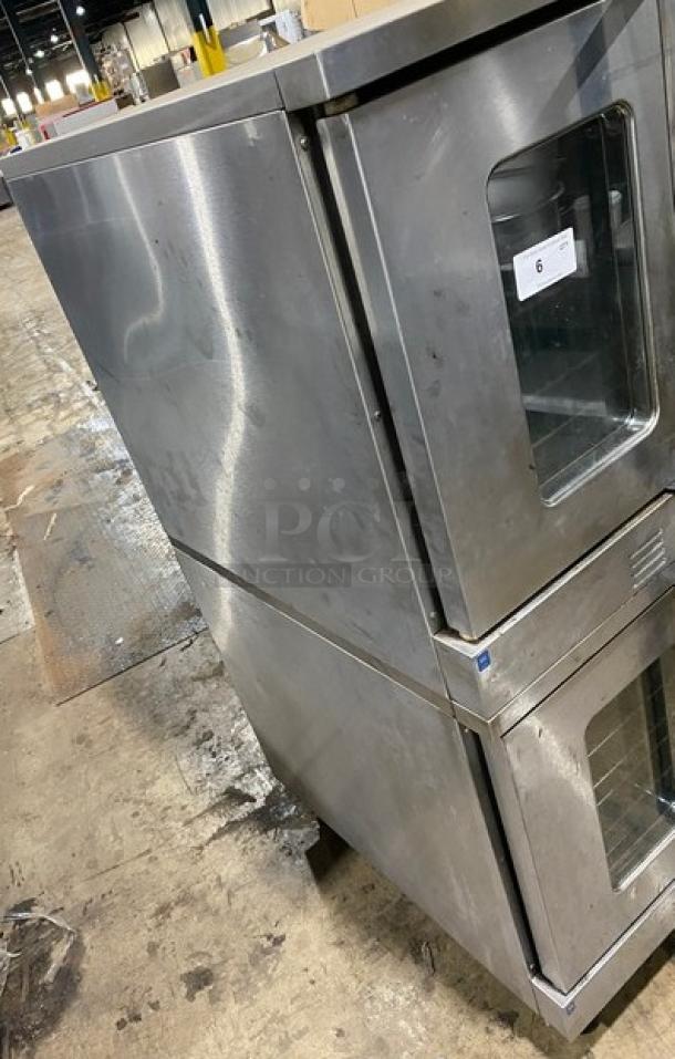 Garland Master 200 double stacked convection oven, stainless steel, view-through doors, commercial casters, natural gas.