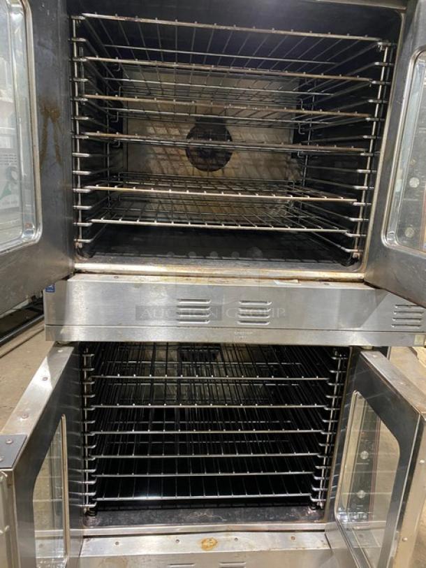 Garland Master 200 Series double-stacked convection oven, natural gas, stainless steel, view-through doors, on casters.