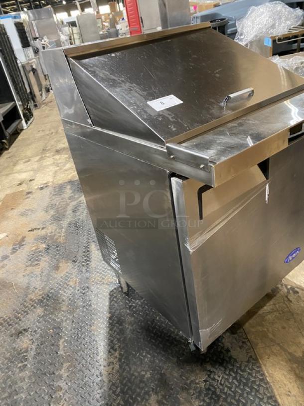 Atosa MSF8305GR 27" Refrigerated Prep Table, stainless steel, single door, on casters, with under storage, 115V, excellent condition.