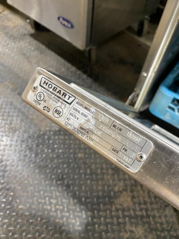 Hobart LXER undercounter dishwasher label showing model and serial number, stainless steel, Advansys LXe Series.