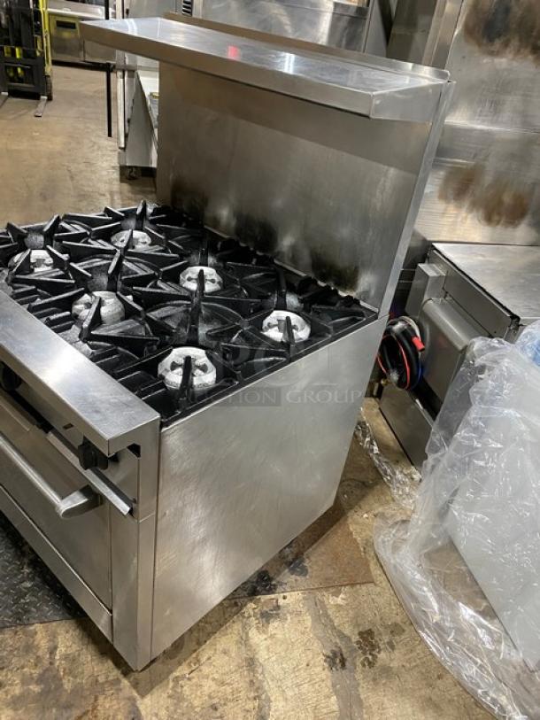 Sunfire X366R 6-burner gas range/oven combo, stainless steel, with raised backsplash, overhead Salamander shelf, on casters.