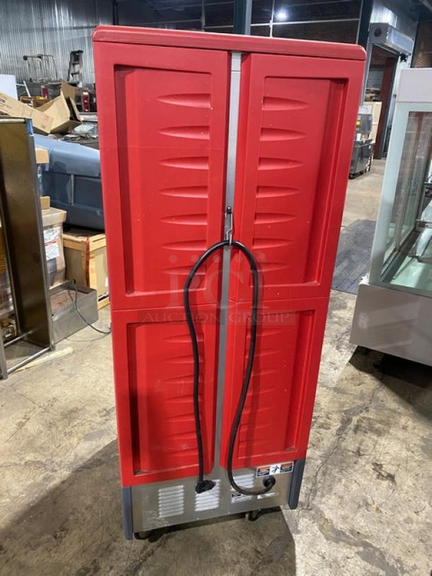 Metro C5 Series insulated heated holding cabinet, model C539-H-DD8890-U, red, 2022, with two half doors, on casters.