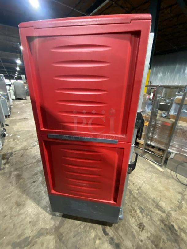 Late Model 2022 Metro insulated heated holding cabinet, model C539-H-DD8890-U, with 2 half doors on casters.