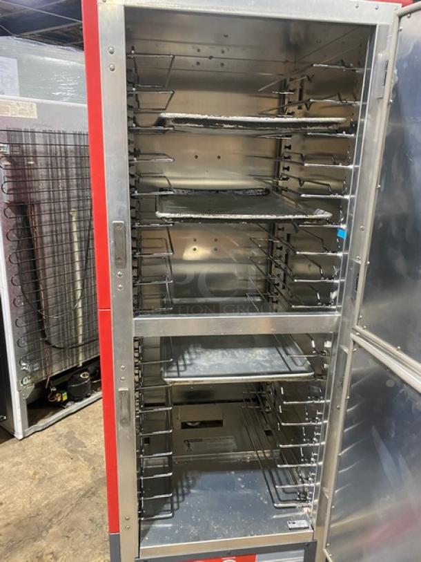 Late model 2022 Metro C539-H-DD8890-U heated holding cabinet with two half doors, commercial casters, 120V.