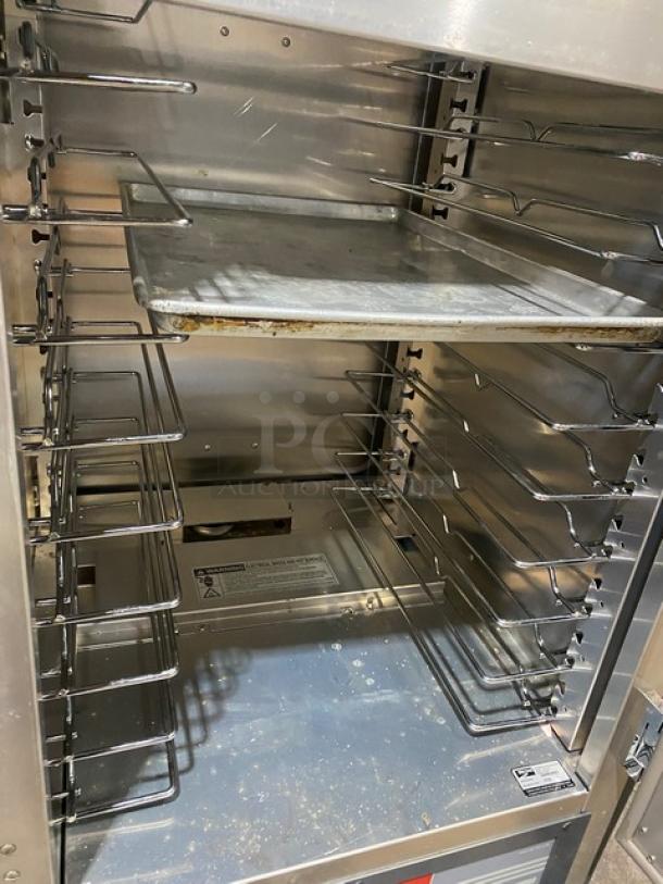 Metro C5 Series heated holding cabinet, model C539-H-DD8890-U, with two half doors, on commercial casters, 120V.