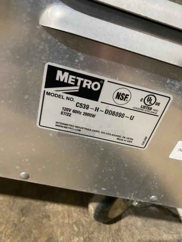 Metro C539-H-DD8890-U insulated heated holding cabinet, late model 2022, 120V, on commercial casters, model label visible.