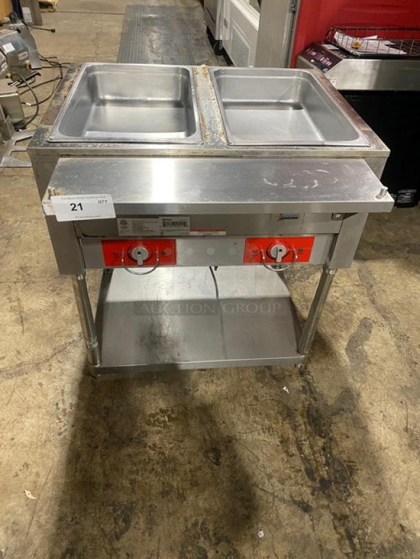 Omcan FZ06B1 commercial electric 2-bay steam table, stainless steel, with storage space underneath, used condition, 120V.