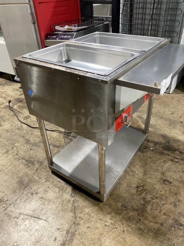 Omcan Commercial Electric 2-Bay Steam Table, Model FZ06B1, stainless steel, with storage space, 120V, serial 690207445119.