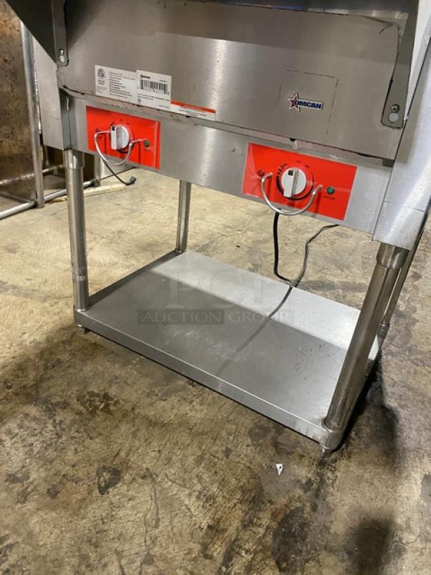 Omcan commercial electric 2-bay steam table, model FZ06B1, stainless steel, with underneath storage. Visible controls and label.