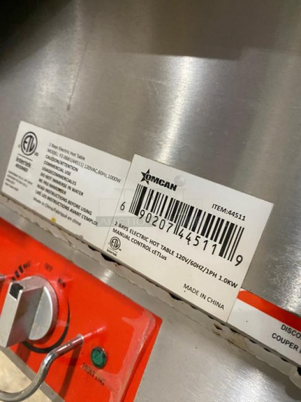 Omcan electric steam table model FZ06B1, stainless steel, 2 bays, 120V, with storage space, ETL certified label visible.