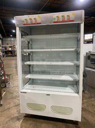 Beverage Air MB13US refrigerated 5-tier open display case, white, used. Model MB13US, Serial 82300210. 115V 1Phase power.