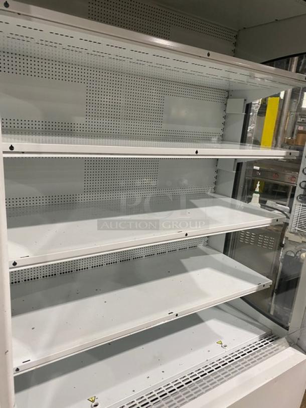 Beverage Air MB13US refrigerated 5-tier open display case, white shelves, clean condition, 115V, serial 82300210.