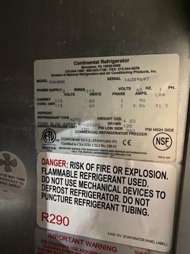 Continental RA68N8 refrigerated sandwich prep table, stainless steel, 2.5 doors storage, 115V, serial 162B9697.