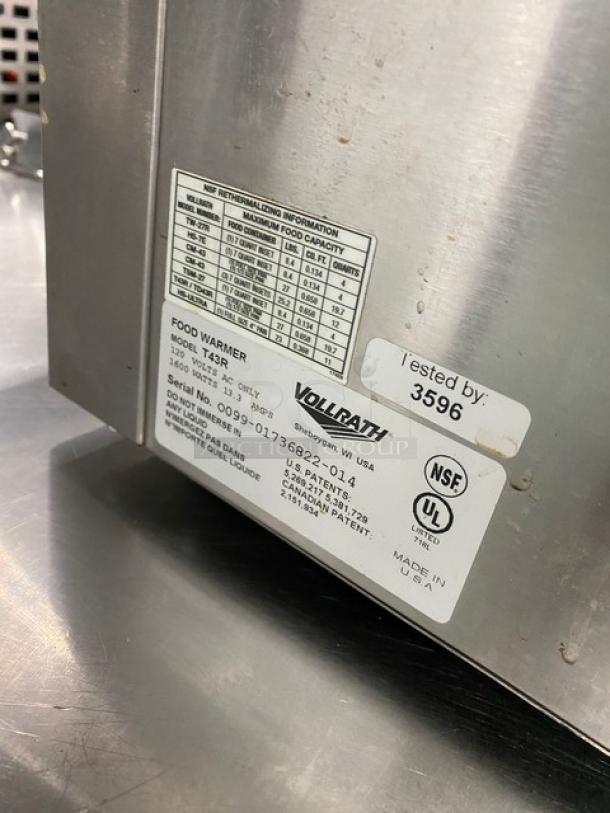 Vollrath Commercial Electric Food Warmer, Cayenne Series, Model T43R, Stainless Steel, 120V, with certification labels.