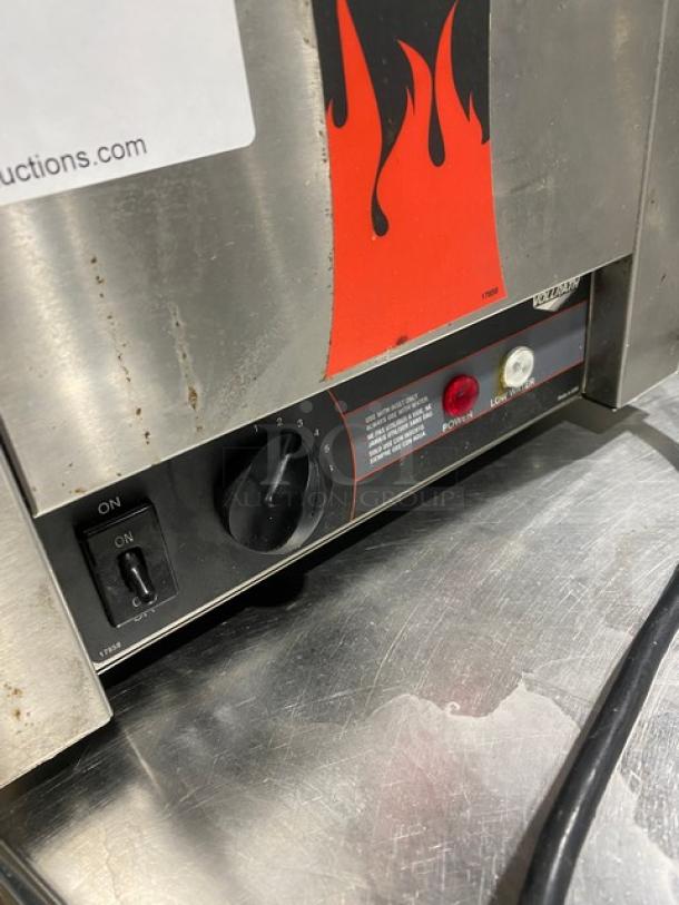 Vollrath Cayenne Series T43R electric food warmer, stainless steel, single bay, 120V, visible power knob and switch.