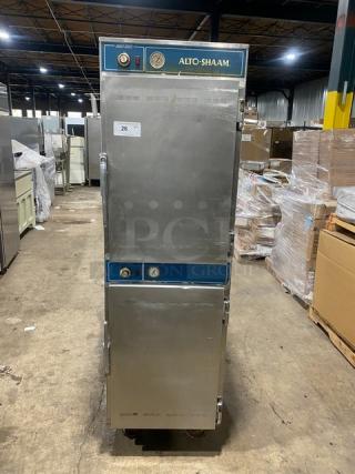 Alto Shaam 1000UP mobile heated food holding cabinet, stainless steel, dual Dutch doors, Halo Heat series, model 1000UP, serial 883710599, 125V.