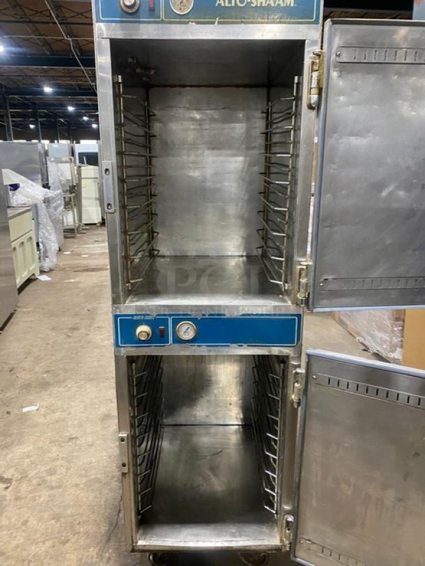 Alto Shaam 1000UP heated food holding cabinet, dual Dutch doors, stainless steel, electric, good condition, Model 1000UP.